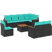 vidaXL 9-teiliges Gartensofa-Set mit Kissen, schwarzes Polyrattan