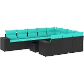vidaXL 11-teiliges Gartensofa-Set mit Kissen, schwarzes Polyrattan