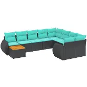 vidaXL 10-teiliges Gartensofa-Set mit Kissen, schwarzes Polyrattan