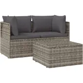 vidaXL 3-tlg. Garten-Lounge-Set mit Kissen Grau Poly Rattan