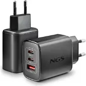 NGS ERA 65 W GaN-Wandladegerät mit 3 Anschlüssen (2x USB-C PD/PPS + USB-A QC 3.0) – Universelles Schnellladegerät, schwarz