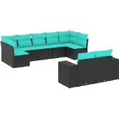 vidaXL 9-teiliges Gartensofa-Set mit Kissen, schwarzes Polyrattan