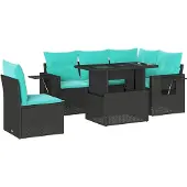 vidaXL 6-teiliges Gartensofa-Set mit Kissen, schwarzes Polyrattan