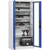 C+P Akkuladeschrank Comfort mit Sichtfenster aus Acrylglas, H 1950 x B 930 x T 500 mm, Lichtgrau/Enzianblau