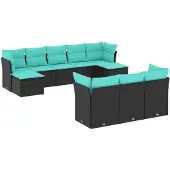 vidaXL 10-teiliges Gartensofa-Set mit Kissen, schwarzes Polyrattan