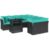 vidaXL 9-teiliges Gartensofa-Set mit Kissen, schwarzes Polyrattan