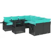 vidaXL 9-teiliges Gartensofa-Set mit Kissen, schwarzes Polyrattan