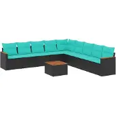 vidaXL 10-teiliges Gartensofa-Set mit Kissen, schwarzes Polyrattan