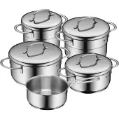 WMF Topf-Set "Mini" Set, Kochtopf 12 + 14 cm, Bratentopf 14 + 16 cm, Stielkasserolle 14 cm, 9 Stk. tlg. Cromargan Edelstahl Rostfrei 18/10