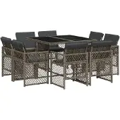 vidaXL 9-tlg. Garten-Essgruppe mit Kissen Grau Poly Rattan
