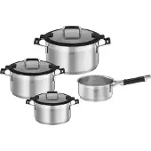 Rösle Topf-Set RÖSLE "SILENCE PRO", silber (silberfarben, schwarz), Töpfe, Topf-Set, Innenskalierung und Schüttrand, spülmaschinen- und induktionsgeeignet