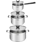 Tefal Opti'Space Kochtopf 16 cm + Deckel, Schmortöpfe 20/24 cm + Deckel, G7376S, Kochset, Edelstahl, Edelstahl, Edelstahl, Schwarz, Glas