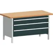 Bott Kastenwerkbank cubio, 1.200 kg Tragkraft, Arbeitsplatte Rotbuchenholz 40 mm, 3 Schubladen, B 1500 x T 750 x H 840 mm, lichtgrau/anthrazitgrau