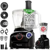 TurboTronic Küchenmaschine 1900 W – FP900 – 3-L-Schüssel, 1,5-L-Glas-Standmixer, Raspelscheiben, Zitruspresse, Zerkleinerer, Eiscrusher, multifunktional