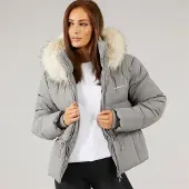 Closure London Damen verstellbare Taille Puffer mit Kunstpelz Kapuze Schwarz