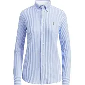 Ralph Lauren für Damen. 211664416002 Oxford-Strickhemd mit blauen Streifen (L), Lässig, Baumwolle, Langarm
