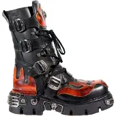 New rock Flame-Akzent-Bikerstiefel aus schwarzem/rotem Leder mit Totenkopf-Motiv – 107-S1