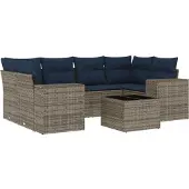 vidaXL 7-teiliges Gartensofa-Set mit Kissen, grau, Polyrattan