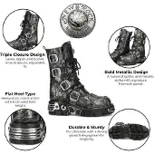 New rock M-591-C63 Halbhohe Gothic-Stiefel aus schwarzem Stahlleder mit Metallic-Effekt