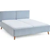 Meise Polsterbett Piano 180x200 cm | Doppelbett | Bettgestell | Kopfteil mit tiefem Einzug | Strukturstoff Hellblau | Holzfuß eichefarbig