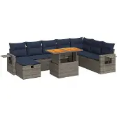 vidaXL 9-tlg. Garten-Sofagarnitur mit Kissen Grau Poly Rattan Akazie