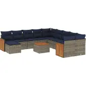 vidaXL 12-teiliges Gartensofa-Set mit Kissen, grau, Polyrattan