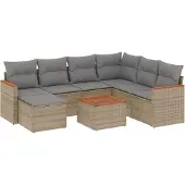 vidaXL 7-tlg. Garten-Sofagarnitur mit Kissen Beige Poly Rattan