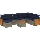 vidaXL 9-teiliges Gartensofa-Set mit Kissen, grau, Polyrattan