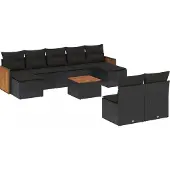 vidaXL 10-tlg. Garten-Sofagarnitur mit Kissen Schwarz Poly Rattan