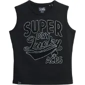 Superdry für Damen. W6011898A T-Shirt mit schwarzen Retro-Besätzen (S), Lässig, Baumwolle, Ärmellos / Hosenträger