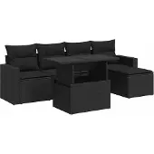 vidaXL 6-tlg. Garten-Sofagarnitur mit Kissen Schwarz Poly Rattan