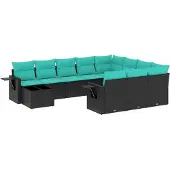 vidaXL 11-teiliges Gartensofa-Set mit Kissen, schwarzes Polyrattan