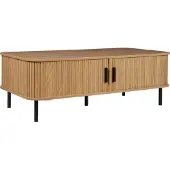 Beliani Couchtisch Hellbraun MDF-Platte mit 2 Schiebetüren Lamellen-Optik Rechteckig Retro Sofatisch Kaffeetisch Wohnzimmer Esszimmer Ausstattung