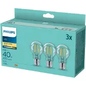 Philips Filament-Lampe, transparent, 40W A60 E27 x3, 4,3 W, 40 W, E27, 470 lm, 15000 h, Warmweiß