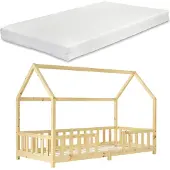 En.casa Kinderbett ’Sisimiut’ in Haus-Optik mit Matratze und Rausfallschutz Kiefernholz 90 x 200 cm Holzfarben
