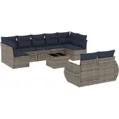 vidaXL 10-teiliges Gartensofa-Set mit Kissen, grau, Polyrattan