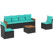 vidaXL 7-teiliges Gartensofa-Set mit Kissen, schwarzes Polyrattan