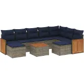 vidaXL 10-teiliges Gartensofa-Set mit Kissen, grau, Polyrattan