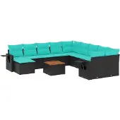 vidaXL 12-teiliges Gartensofa-Set mit Kissen, schwarzes Polyrattan