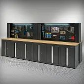 Datona Werkbank PRO Eiche – 12 Aufbewahrungsschränke – 4 Werkzeugschränke – 400 cm – Schwarz