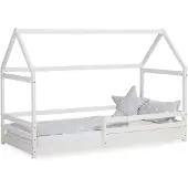 Homestyle4u Kinderbett 90x200 mit Lattenrost mit Rausfallschutz Hausbett Weiß Bodenbett