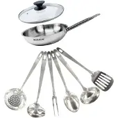 Fackelmann Topf-Set, 24 cm, aus Edelstahl, mit Glasdeckel und 6 Edelstahl-Küchenhelfern von Eterna