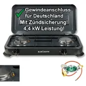 BlueCraft Camping-Gas-Kocher Mobi 2-flammig, anthrazit- grau mit Zündsicherung, Gasschlau...