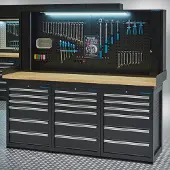 Datona PRO Werkbank 200 cm – Eiche – 18 Schubladen und abschließbarer Lochwandschrank – schwarz
