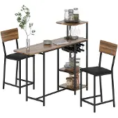 HOMCOM BARTISCH mit Barhocker Set, 3-tlg. 2 Barstühlen, Stahlrahmen Braun