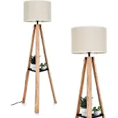 Hofstein Schiavonea Stehlampe aus Holz/Metall/Stoff in Natur/Schwarz/Beige/Weiß