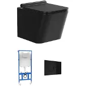 Vente-unique Sparset - Wand-WC aus mattschwarze Keramik mit optionalem Trägergestell & runder Betätigungsplatte - CLEMONA