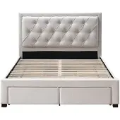 Vente-unique Polsterbett mit Schubladen - 160 x 200 cm - Stoff - Beige - LEOPOLD