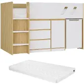Vente-unique Kombi-Bett 90 x 190 cm - Mit Schreibtisch & Stauraum - Holzfarben & Weiß + Matratze - SAGITI