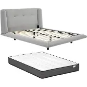 Vente-unique Polsterbett 140 x 190 cm - mit gestepptem Kopfteil - Stoff - Hellgrau + Matratze - PENAVI